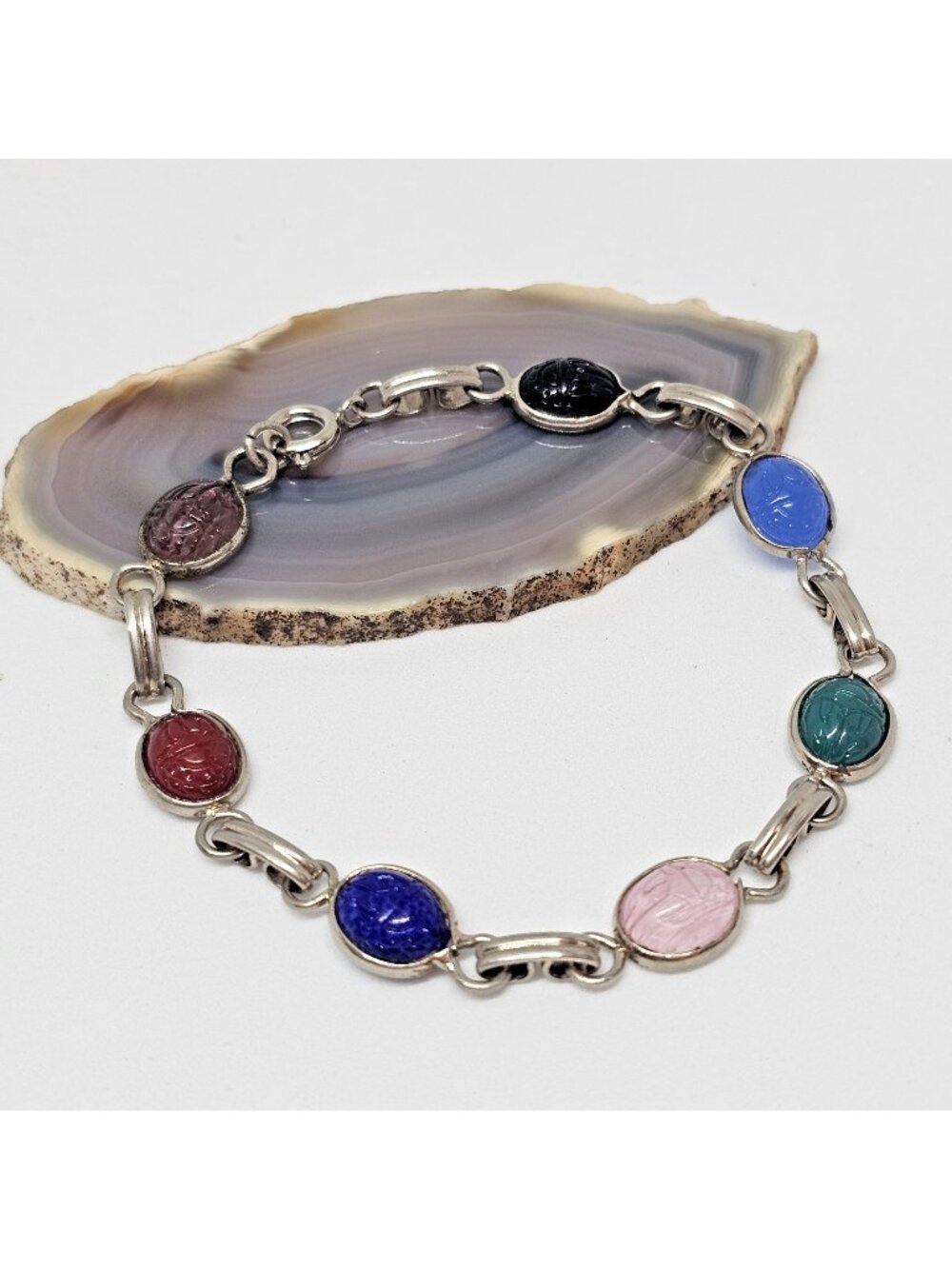 Vintage Egyptian Revival Glass Scarabs Bracelet Silver Tone Link Jewelry